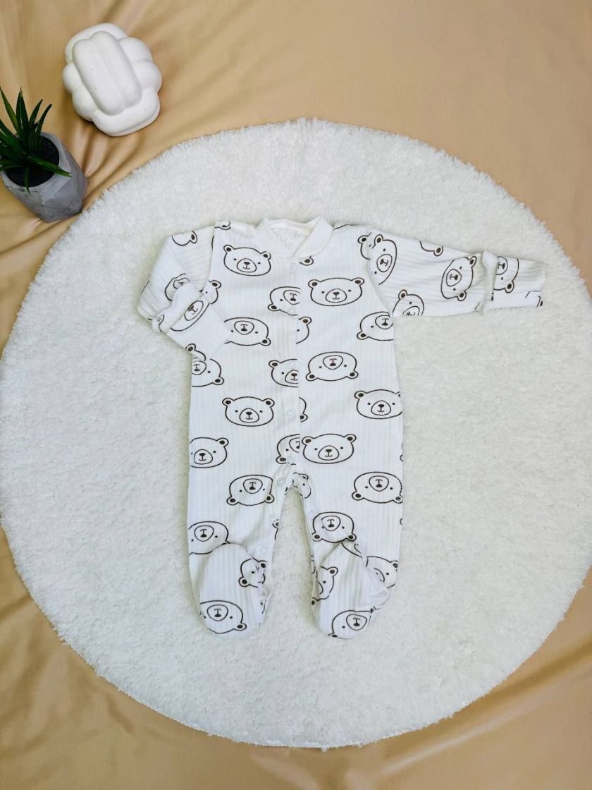 ❤ Чоловічок інтерлок в рубчик, Ромашка. Принт - Молочний з ведмедиками. Розмір - 56-62см (#29122400) ✓ Anna Konvert