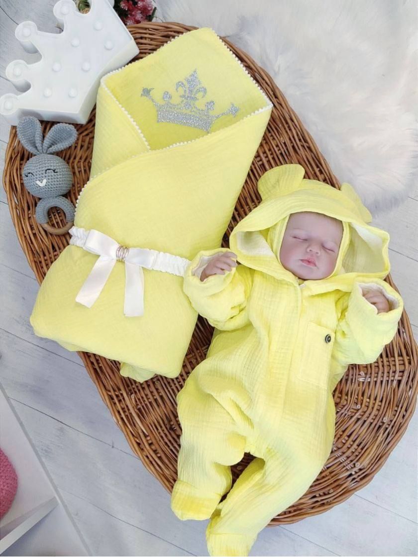 ❤ Мусліновий ромпер з шапочкою, 0-3 міс. Колір - Жовтий (#27130109) ✓ Anna Konvert