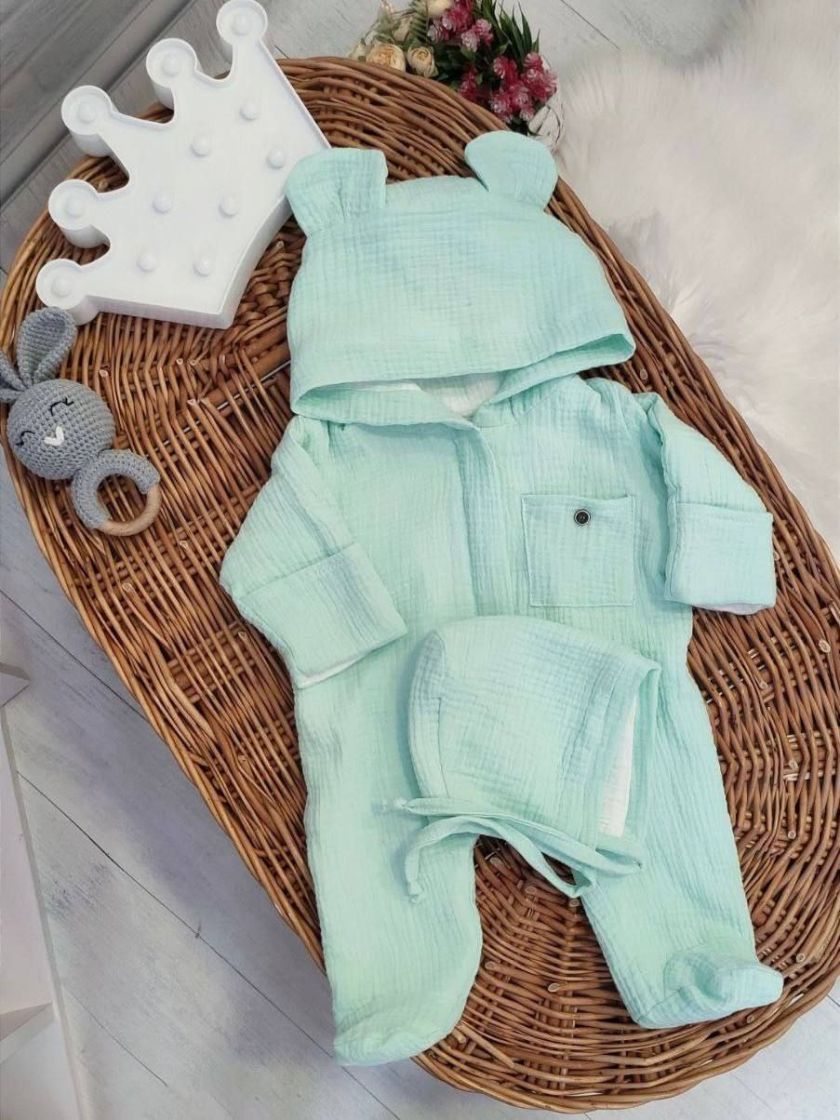 ❤ Мусліновий ромпер з шапочкою, 0-3 міс. Колір - М'ятний (#24141624) ✓ Anna Konvert