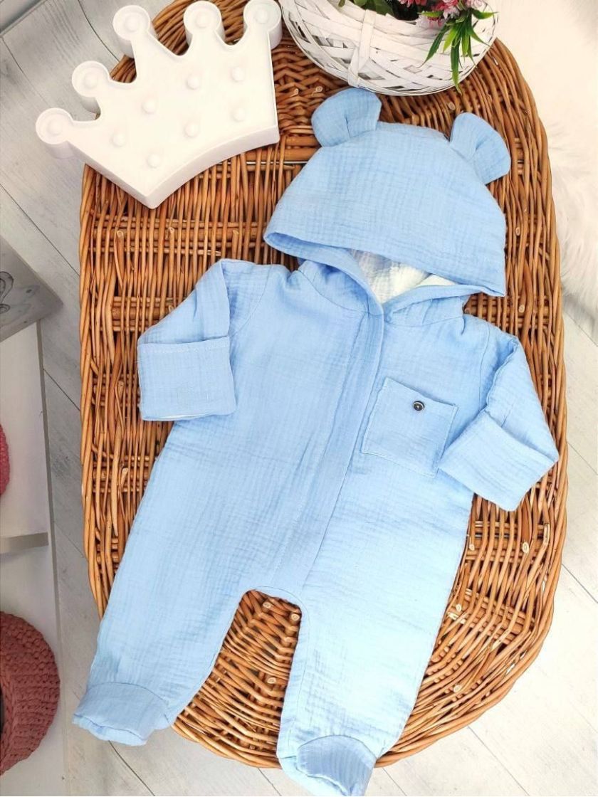 ❤ Мусліновий ромпер з шапочкою, 0-3 міс. Колір - Блакитний (#88616144) ✓ Anna Konvert