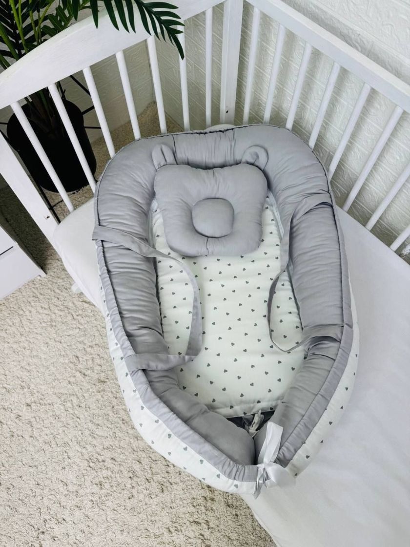 ❤ Кокон-гніздечко з ручками. Принт - Сірі дрібні сердечка з сірим однотоном (#68820608) ✓ Anna Konvert