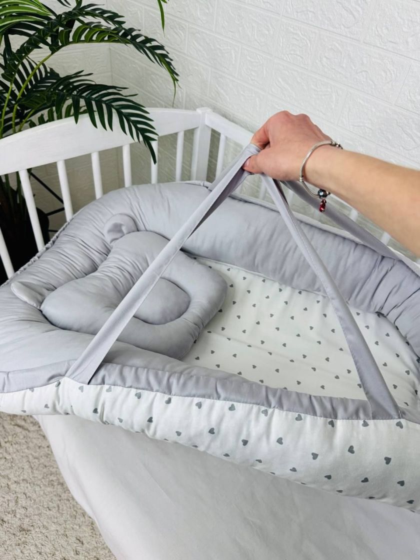 ❤ Кокон-гніздечко з ручками. Принт - Сірі дрібні сердечка з сірим однотоном (#68820608) ✓ Anna Konvert