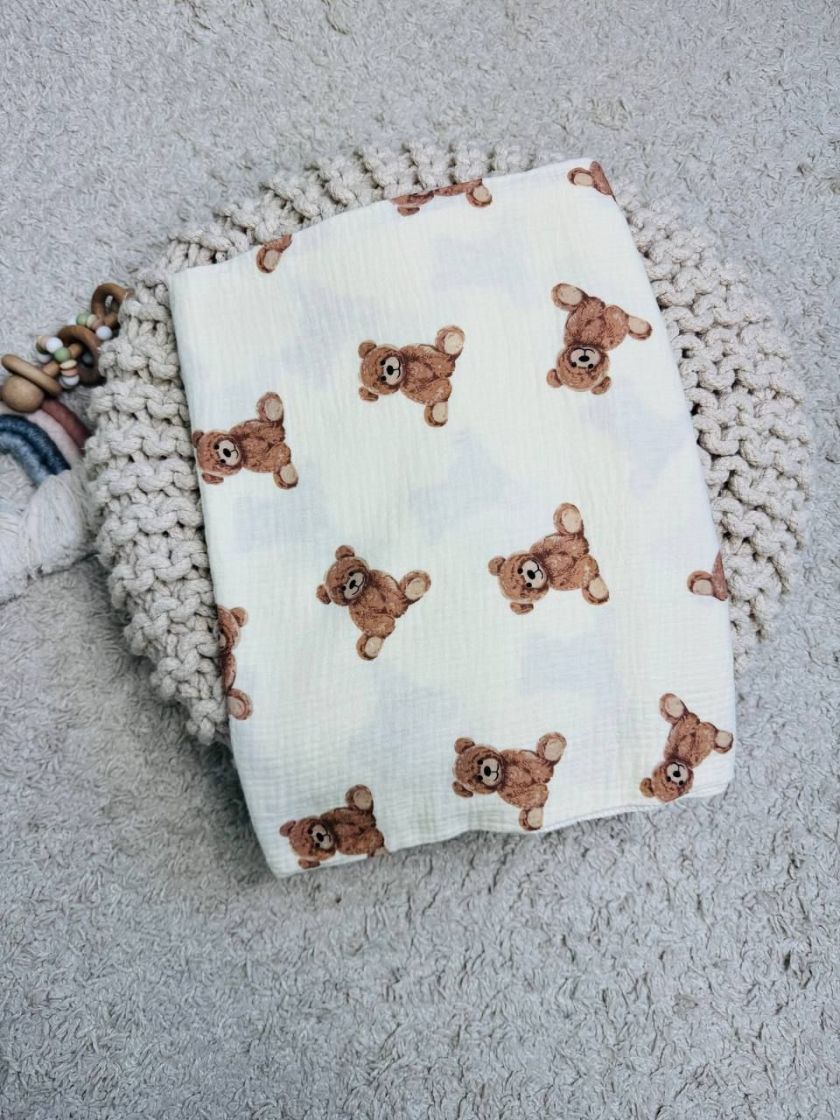 ❤ Пелюшки муслінові чотирьохшарові, жатка. Принт - Ведмедики Тедді на пісочному. Розмір - 90*135см (#93443024) ✓ Anna Konvert