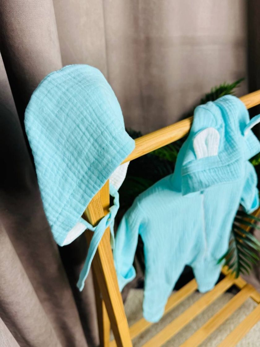 ❤ Мусліновий комбінезон з шапочкою, 0-3місяці. Колір - Бірюзовий (#11419179) ✓ Anna Konvert