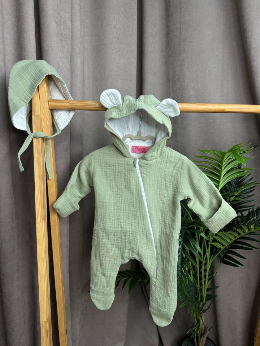 ❤ Мусліновий комбінезон з шапочкою, 0-3місяці. Колір - Хакі (#98752008) ✓ Anna Konvert