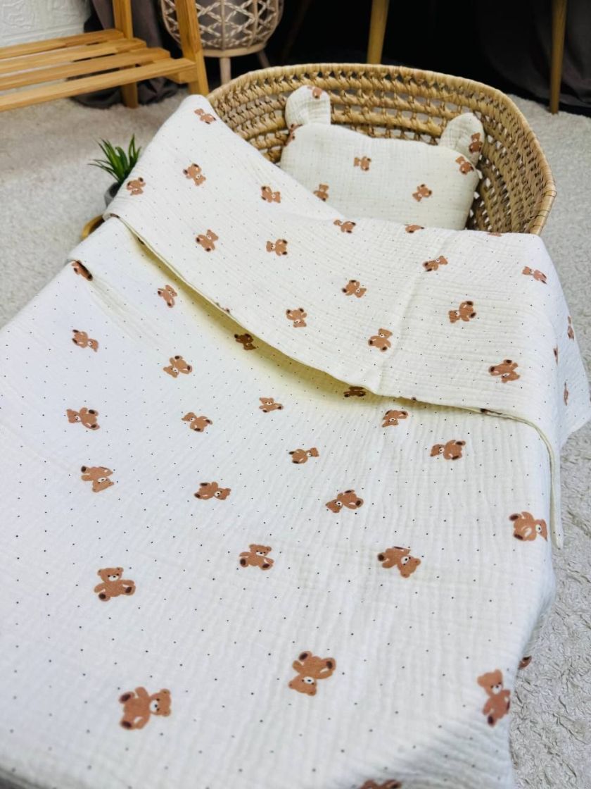 ❤ Набір у візочок мусліновий. Колір - Ведмедики дрібні з горошком на пісочному (#35697594) ✓ Anna Konvert