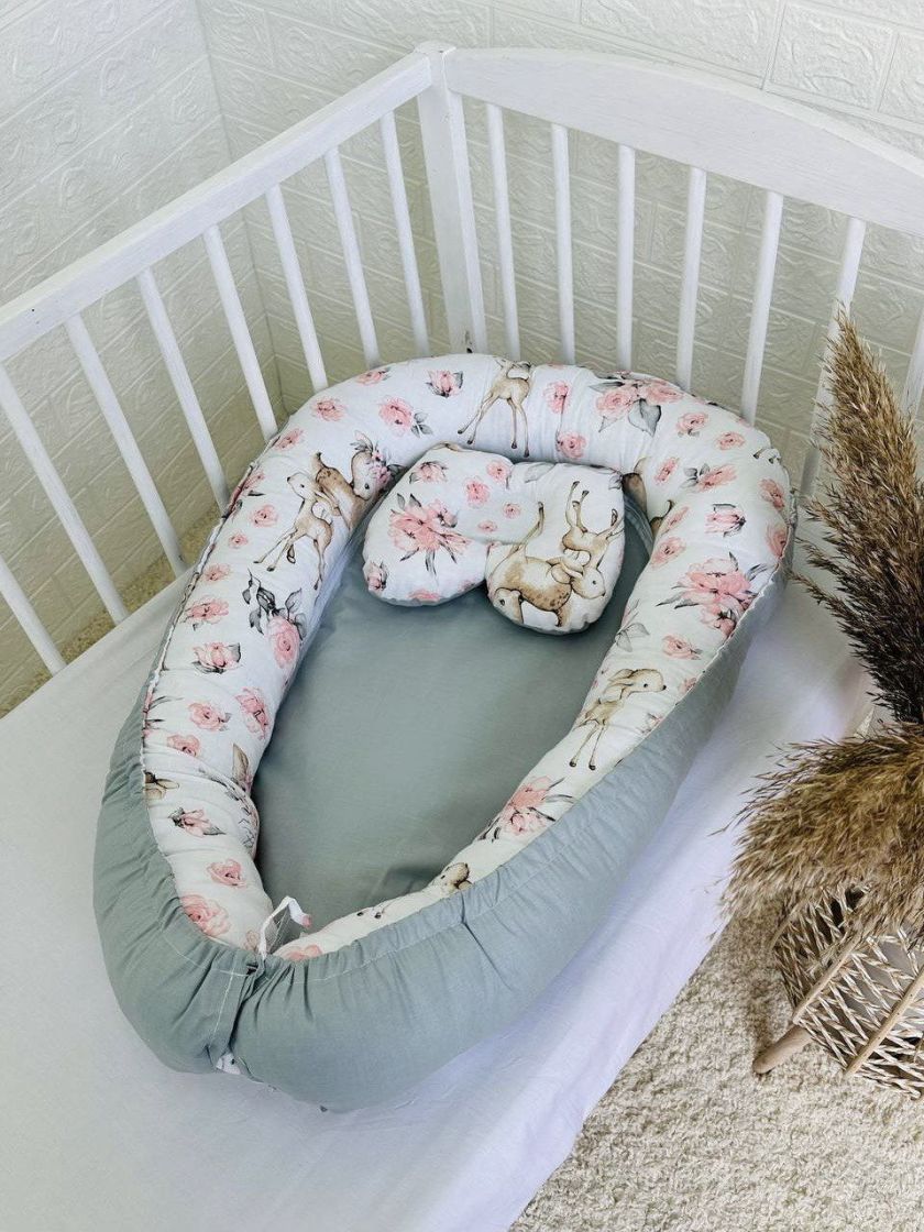 ❤ Кокон-гніздечко з ортопедичною подушкою. Принт - Олені бембі з сірим однотоном (#60427633) ✓ Anna Konvert