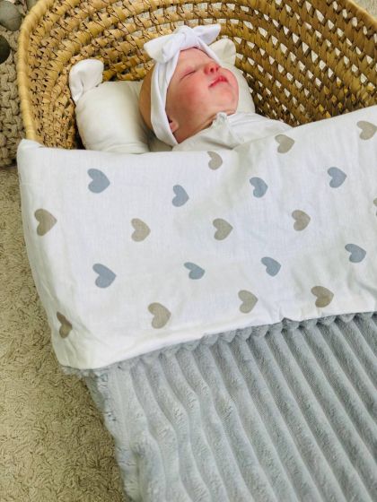 ❤ Плед в пологовий, мінкі плюш, без утеплювача, 100см на 80см. Колір, принт - Плюш смужка сірий, сердця сірі, беж (#98517450) ✓  2