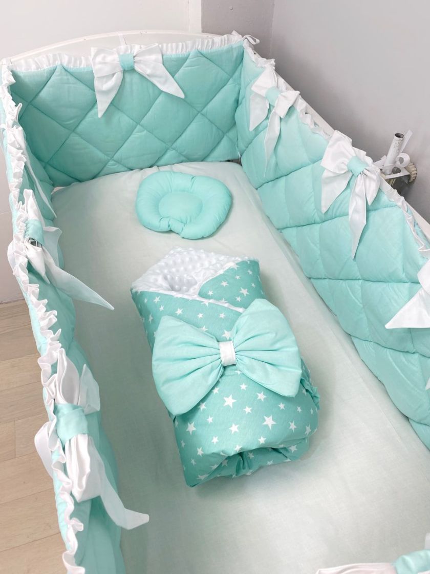 ❤ Набір "Стьоганка" з суцільними бортиками на 4 сторони. Колір - М'ятний з зірочками на ковдрі (#83844773) ✓ Anna Konvert