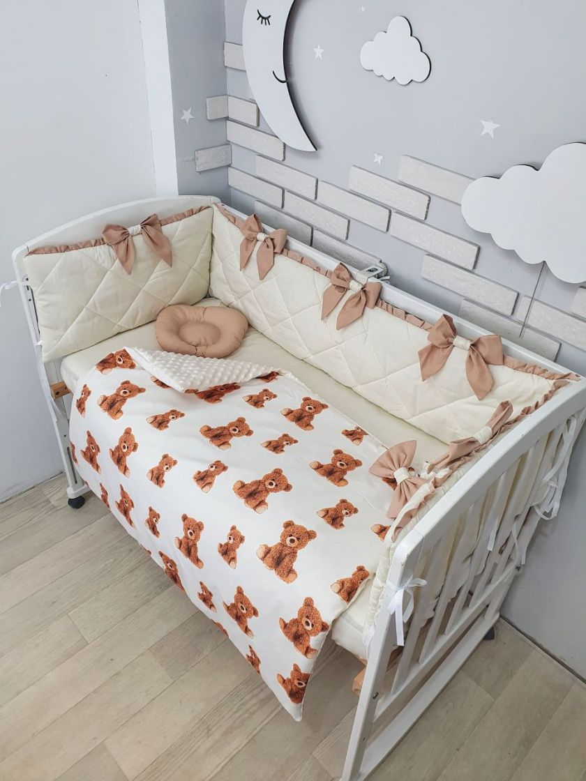 ❤ Набір "Стьоганка" з суцільними бортиками на 4 сторони. Колір - Молочний з ведмедиками Тедді великими (#93501310) ✓ Anna Konver