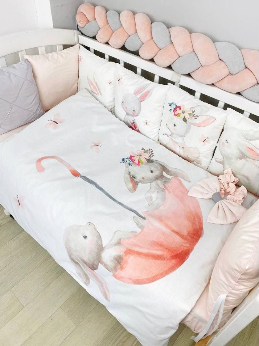 ❤ Набір "Коса" зі з'ємними наволочками. Колір - Зайченята в парасольці, сіро-персиковий (#35802745) ✓ Anna Konvert