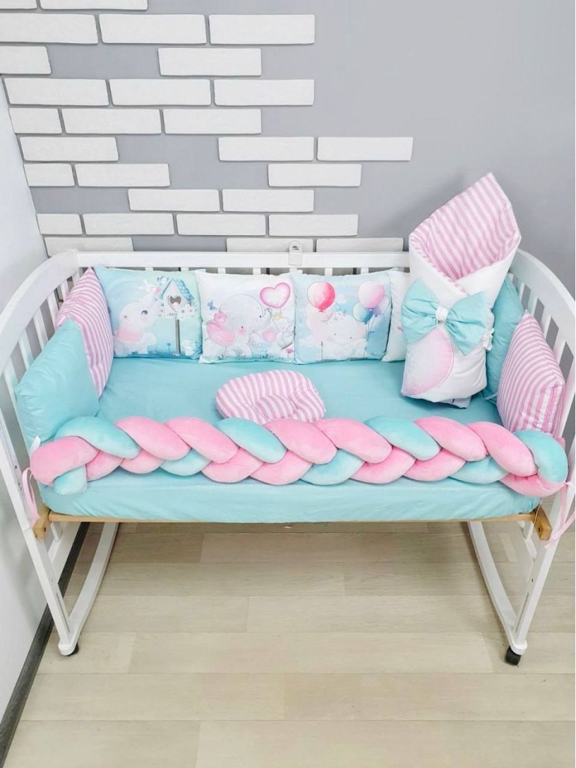 ❤ Набір "Бавовняний" з косою на 4 ту сторону. Колір - Слоники, м'ятно-рожевий (#55710020) ✓ Anna Konvert