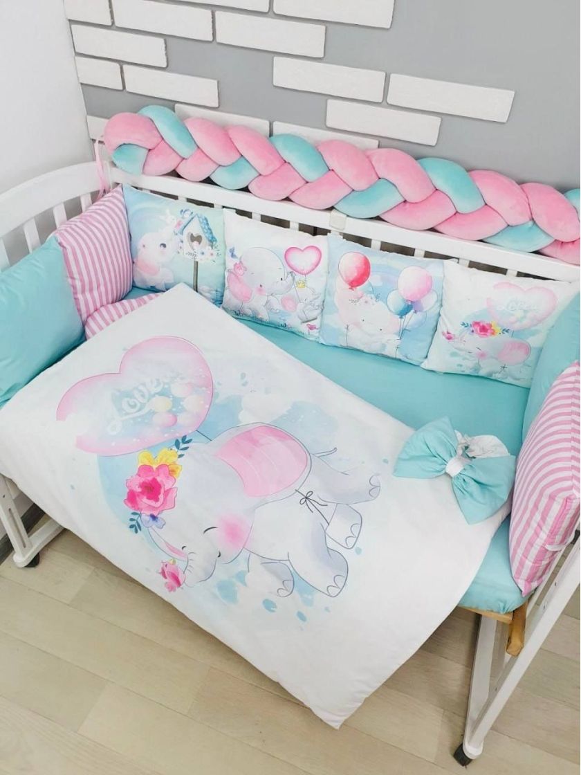 ❤ Набір "Бавовняний" з косою на 4 ту сторону. Колір - Слоники, м'ятно-рожевий (#55710020) ✓ Anna Konvert