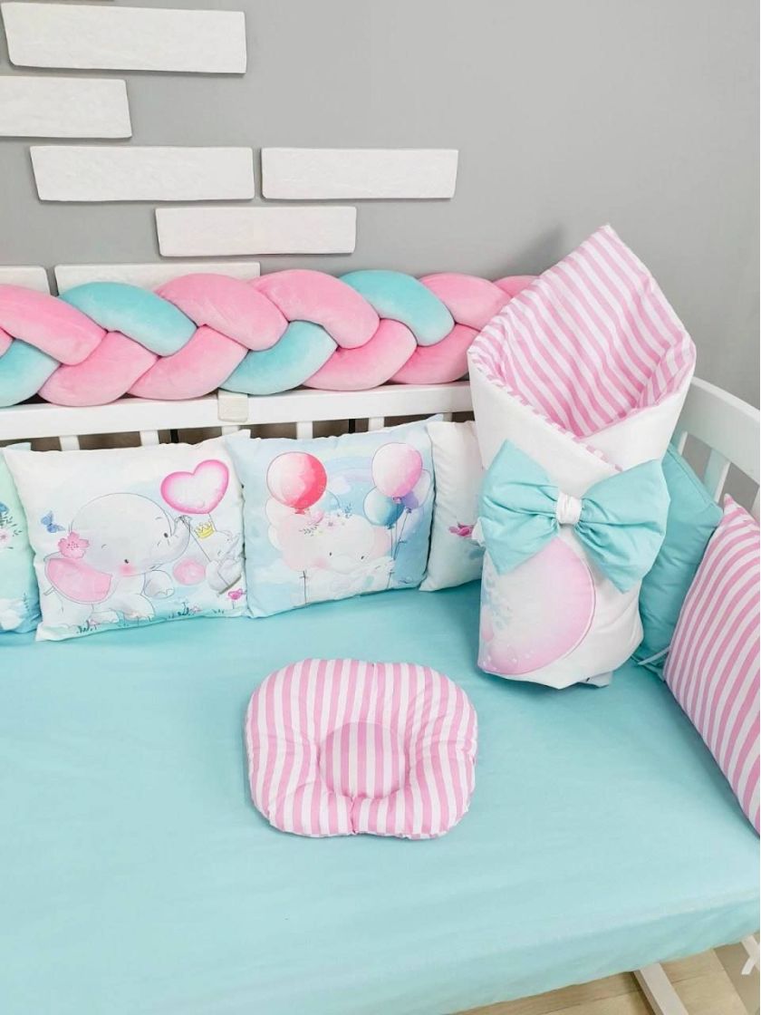 ❤ Набір "Бавовняний" з косою на 4 ту сторону. Колір - Слоники, м'ятно-рожевий (#55710020) ✓ Anna Konvert