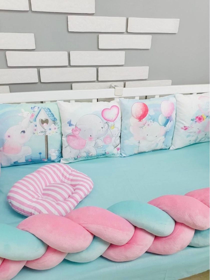 ❤ Набір "Бавовняний" з косою на 4 ту сторону. Колір - Слоники, м'ятно-рожевий (#55710020) ✓ Anna Konvert