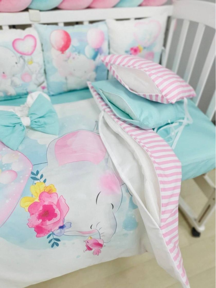 ❤ Набір "Бавовняний" з косою на 4 ту сторону. Колір - Слоники, м'ятно-рожевий (#55710020) ✓ Anna Konvert