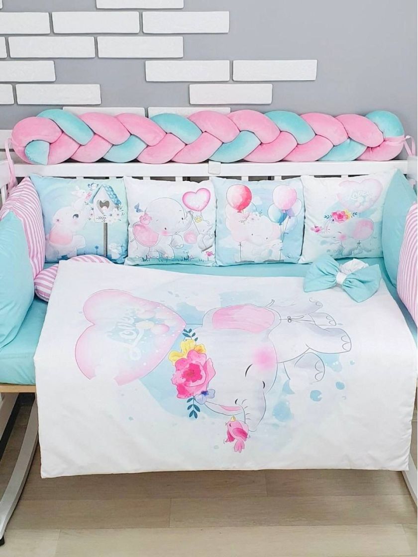 ❤ Набір "Бавовняний" з косою на 4 ту сторону. Колір - Слоники, м'ятно-рожевий (#55710020) ✓ Anna Konvert