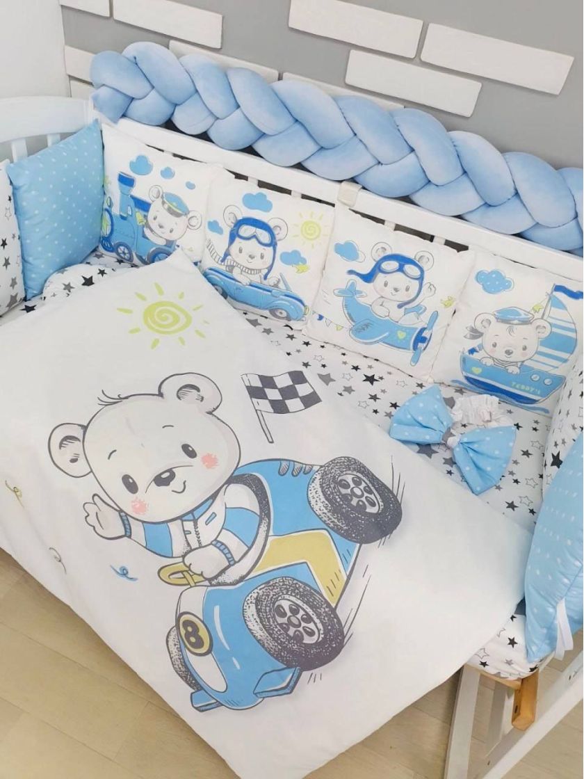 ❤ Набір "Бавовняний" з косою на 4 ту сторону. Колір - Ведмедики на транспорті, блакитний (#51025703) ✓ Anna Konvert