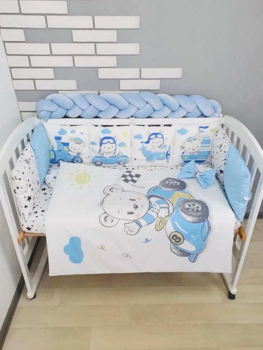 ❤ Набір "Бавовняний" з косою на 4 ту сторону. Колір - Ведмедики на транспорті, блакитний (#51025703) ✓ Anna Konvert