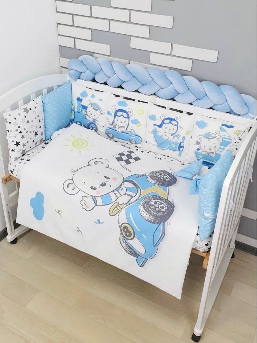 ❤ Набір "Бавовняний" з косою на 4 ту сторону. Колір - Ведмедики на транспорті, блакитний (#51025703) ✓ Anna Konvert