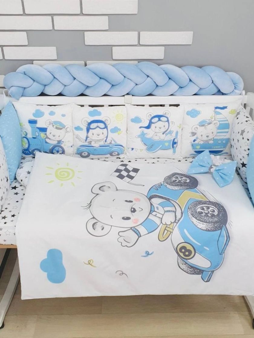 ❤ Набір "Бавовняний" з косою на 4 ту сторону. Колір - Ведмедики на транспорті, блакитний (#51025703) ✓ Anna Konvert