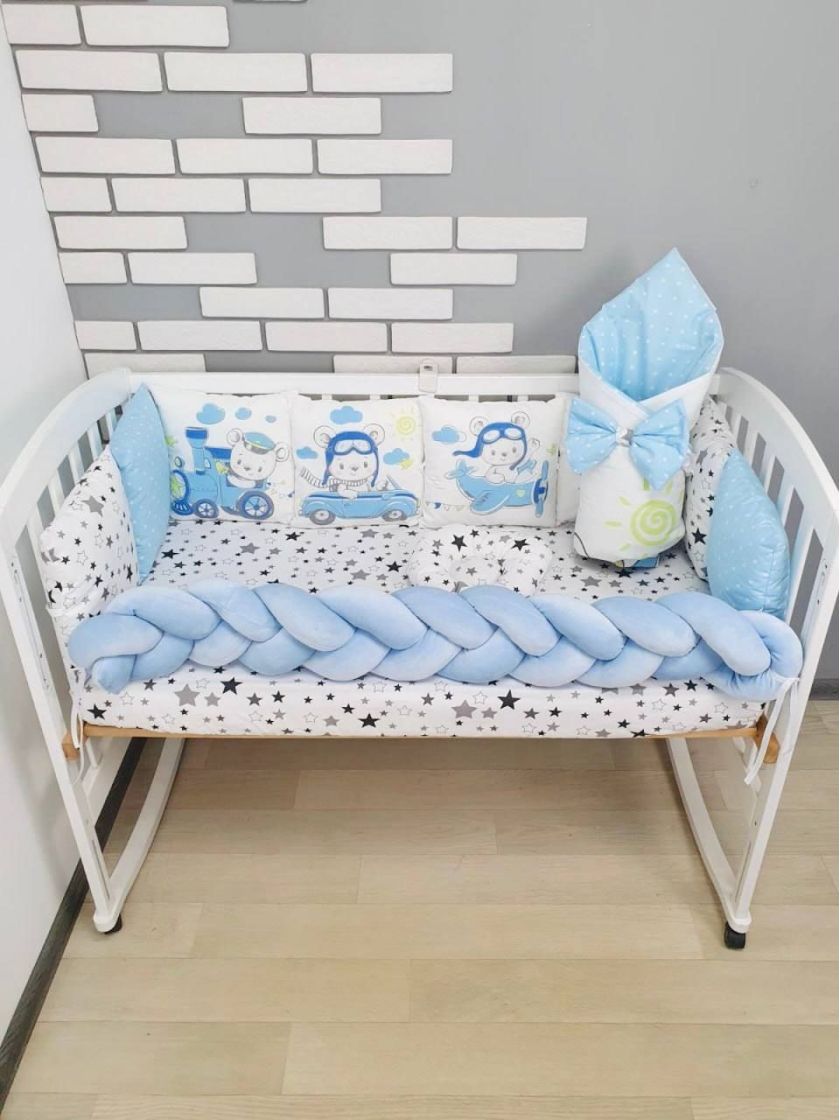 ❤ Набір "Бавовняний" з косою на 4 ту сторону. Колір - Ведмедики на транспорті, блакитний (#51025703) ✓ Anna Konvert