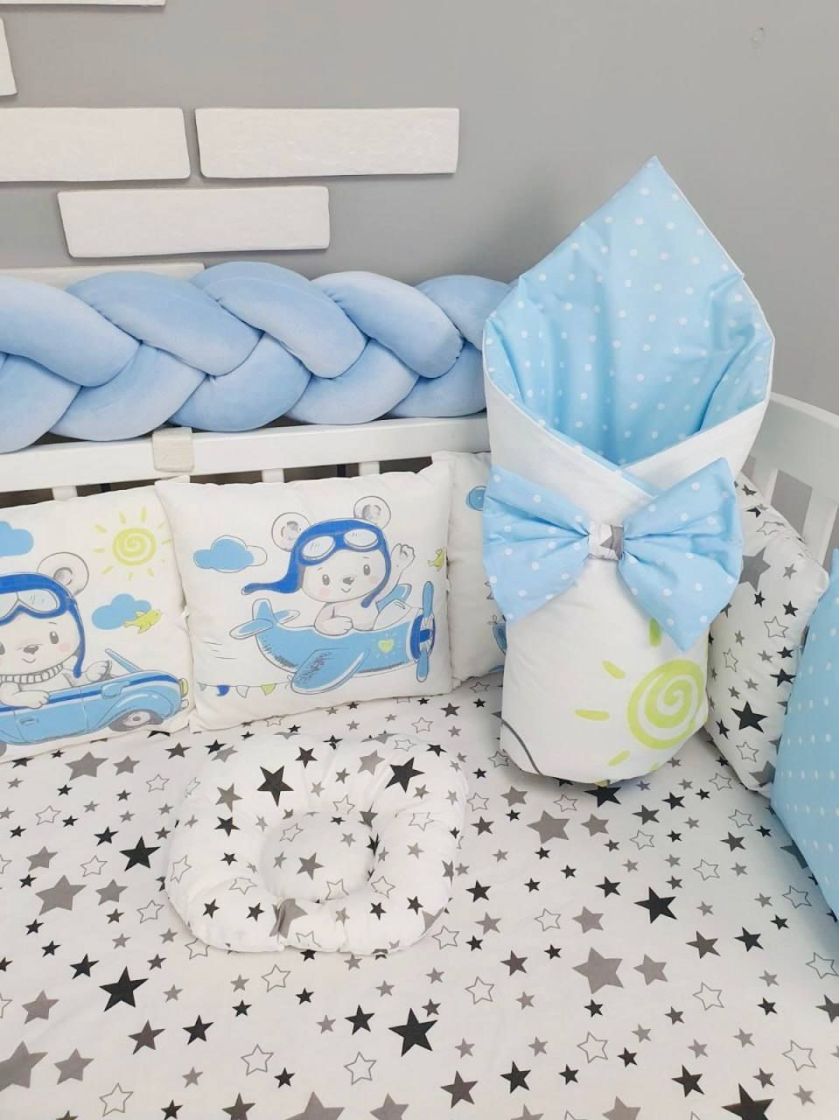 ❤ Набір "Бавовняний" з косою на 4 ту сторону. Колір - Ведмедики на транспорті, блакитний (#51025703) ✓ Anna Konvert